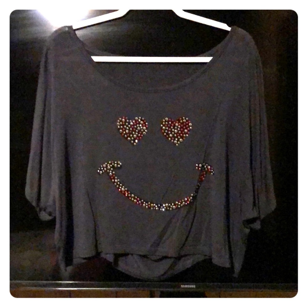 Grey crop Smiley face shirt, slits in back